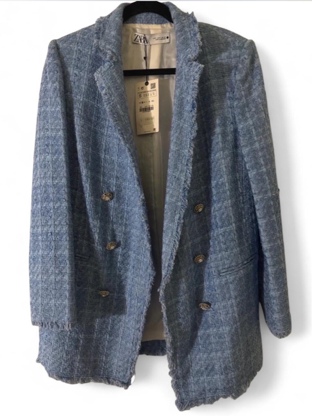 Zara Light Blue Tweed Double-Breasted Blazer